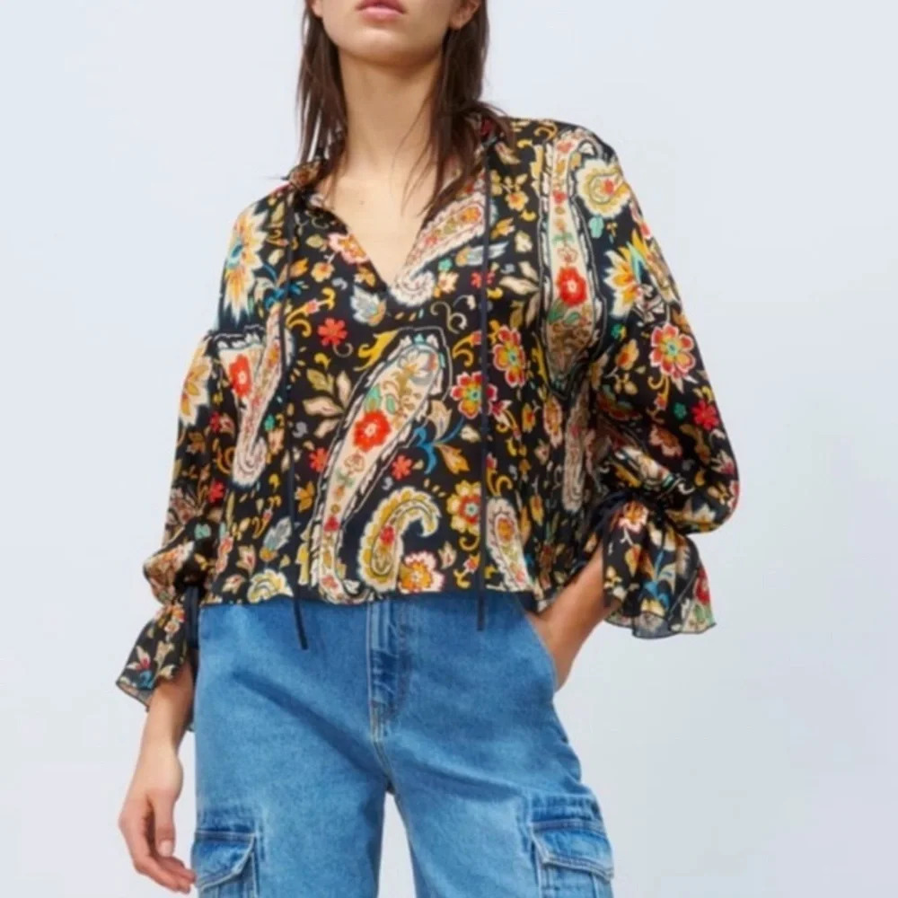 Zara Paisley Ruffle Cuffs Ribbon Boxy Blouse Sz Medium